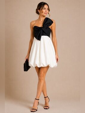 Bebe Silk Bubble Hem Bow Mini Dress Black White Cocktail Party S